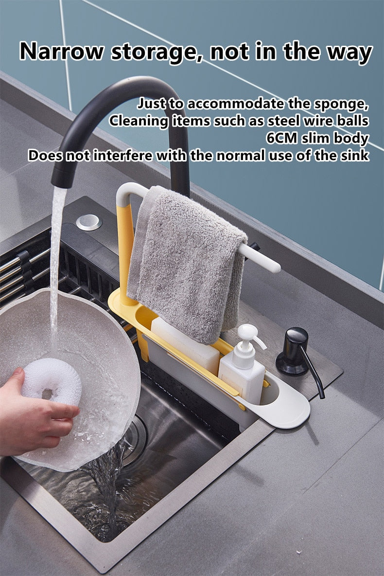 Telescopic sink rack shown from the side