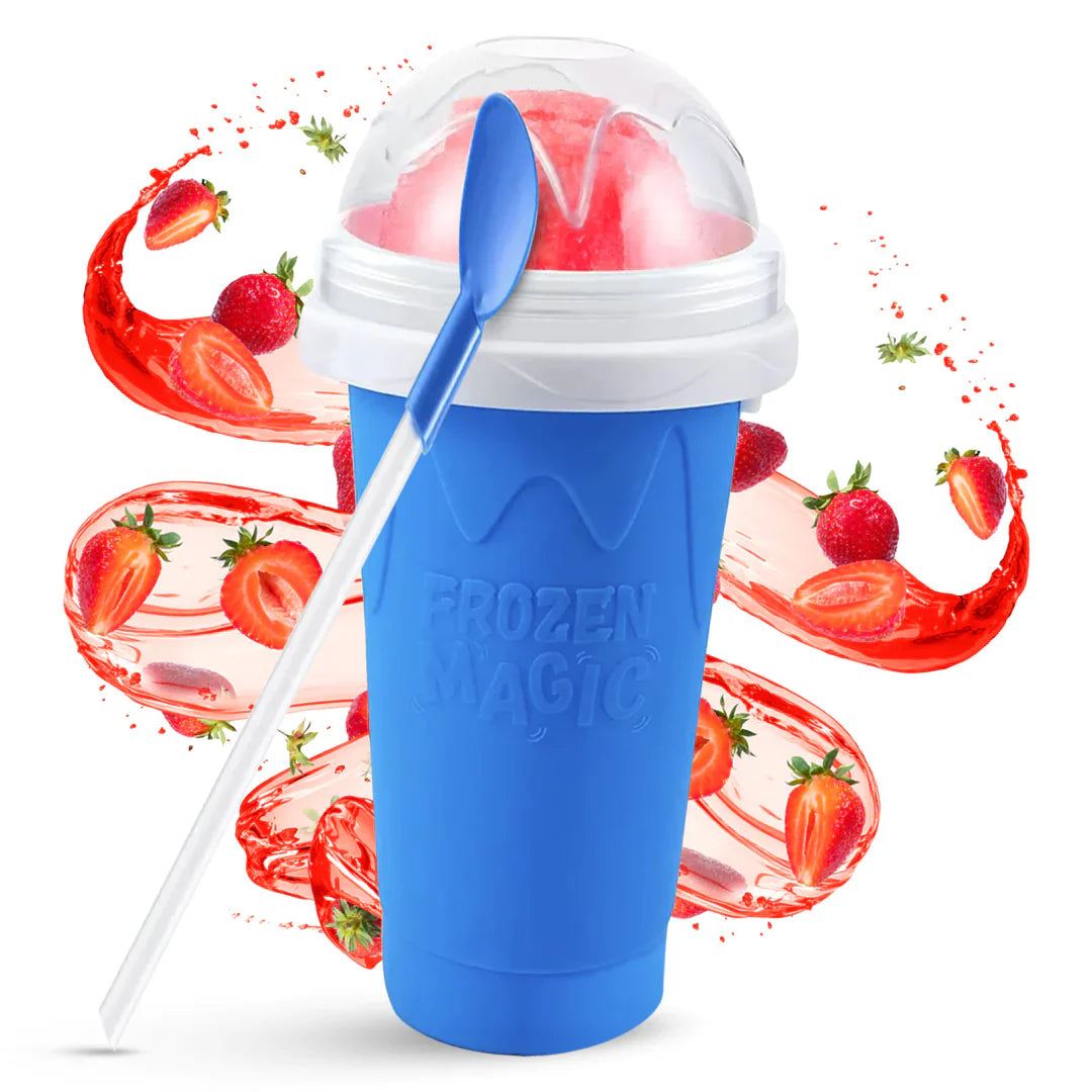 Blue slush cup with a finished slushie inside