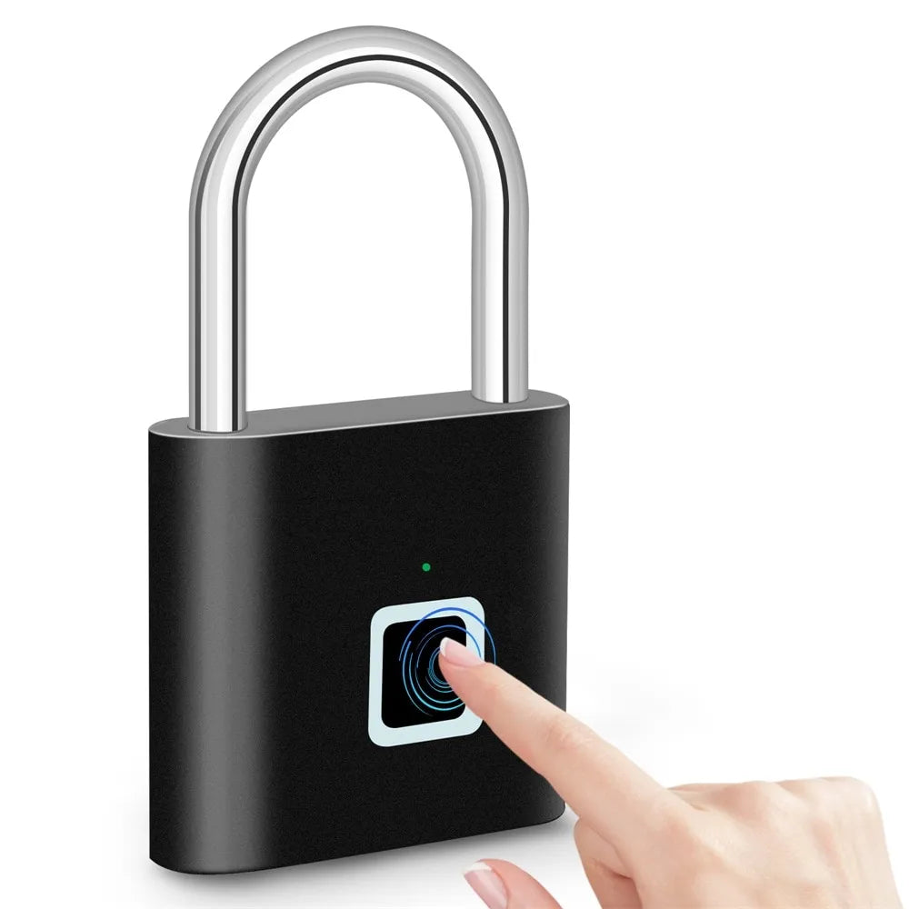 Black fingerprint padlock with the scanner on the front
