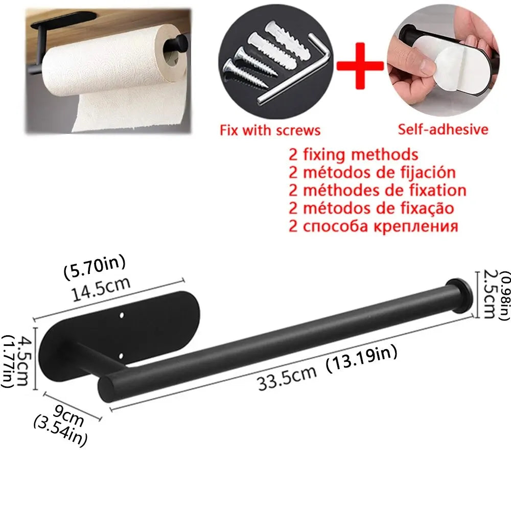 Black adhesive kitchen roll holder fixed under a cupboard