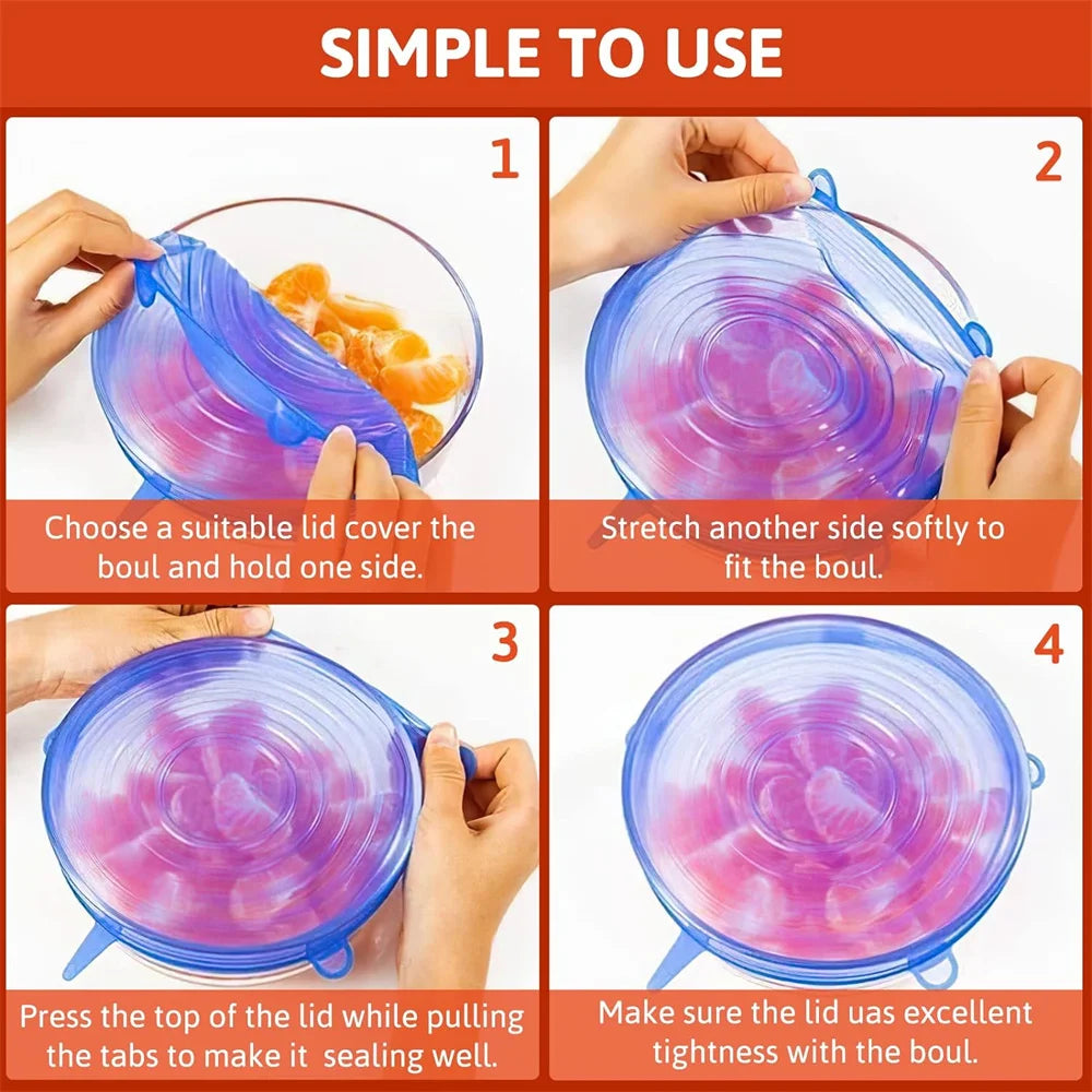 Silicone stretch lids in use