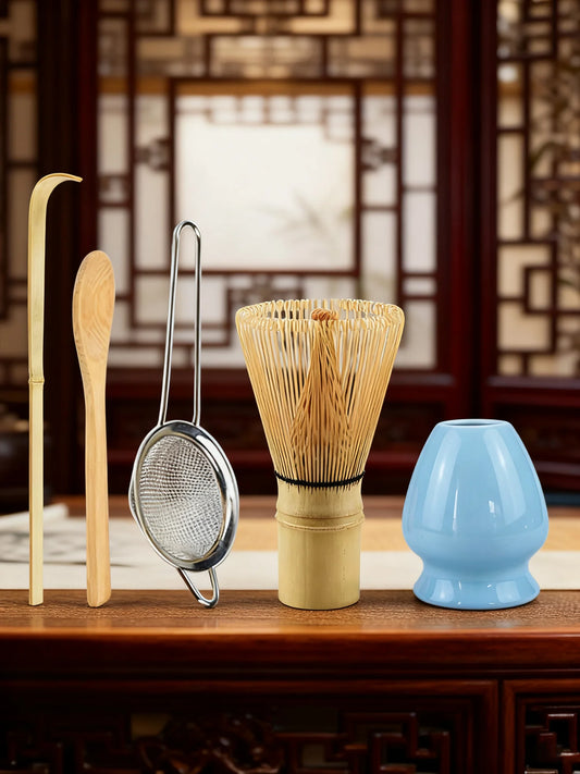 Matcha starter set with bamboo whisk, blue whisk holder, scoop, spoon and sifter