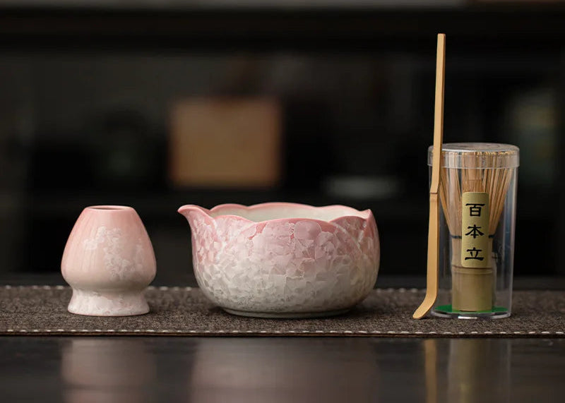 Pink crystal glaze ceramic matcha set with bamboo whisk