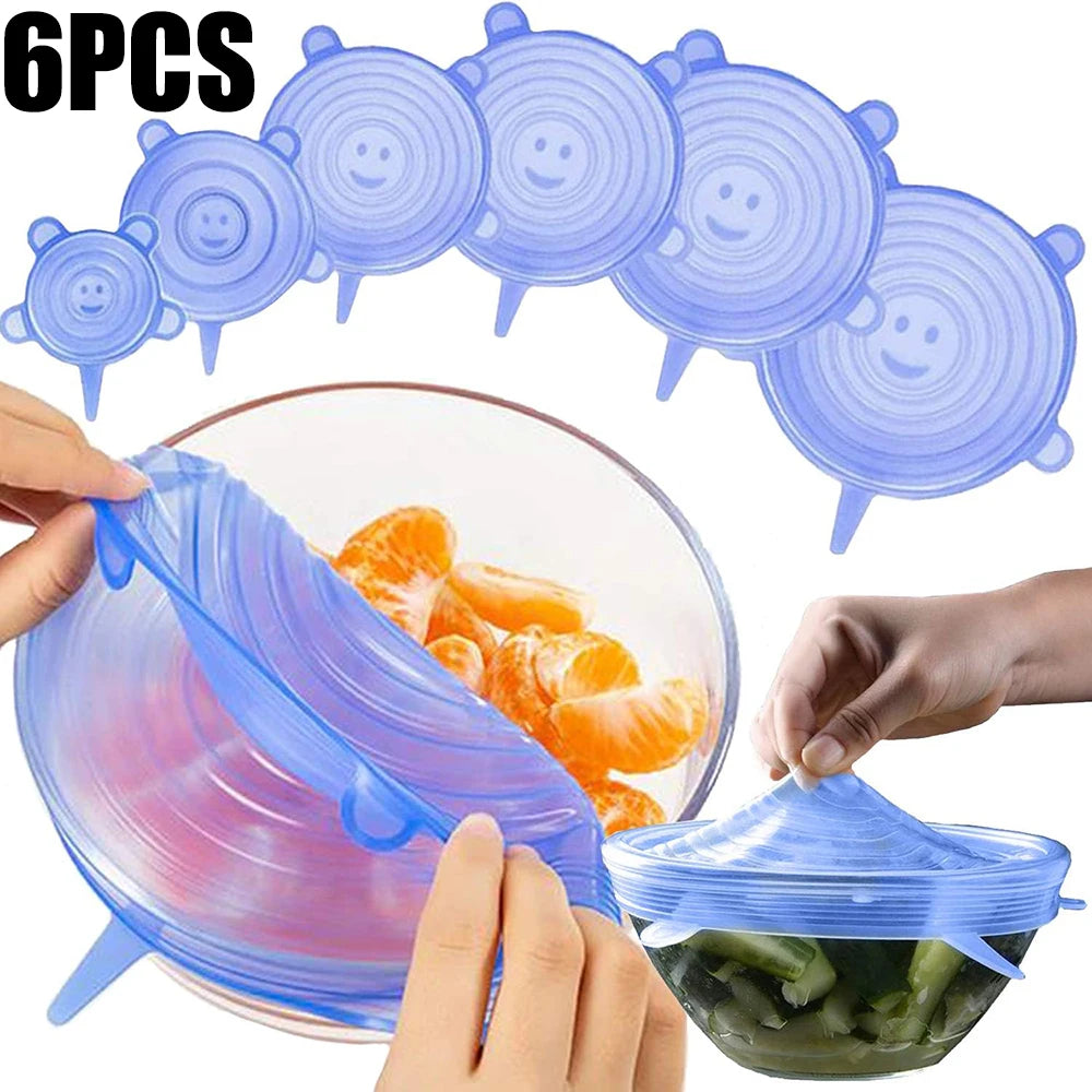 Set of 6 silicone stretch lids covering bowls