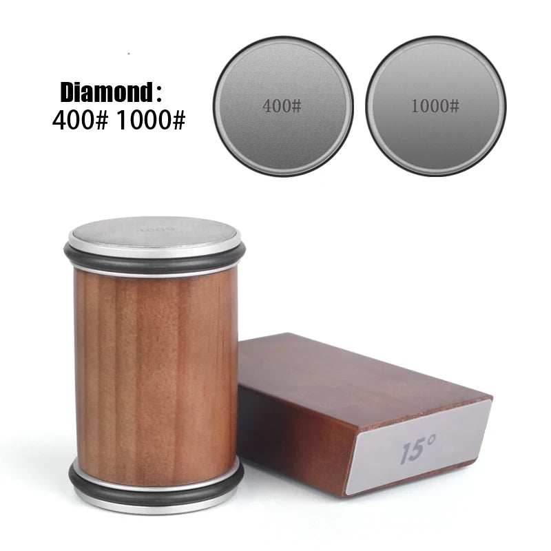 Rolling knife sharpener with wooden roller, magnetic angle block and 400 and 1000 grit diamond discs