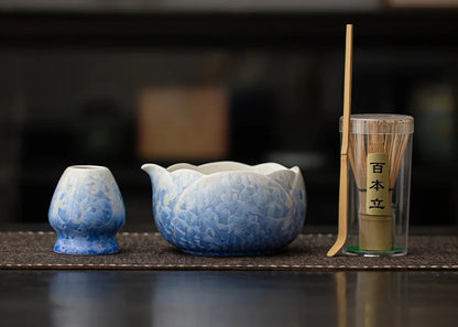 Blue crystal glaze ceramic matcha set with bamboo whisk