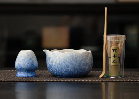 Blue crystal glaze ceramic matcha set with bamboo whisk