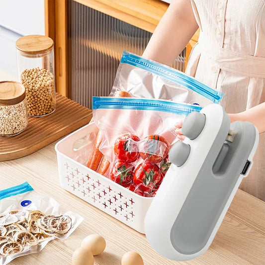 Mini handheld heat sealer sealing a food bag