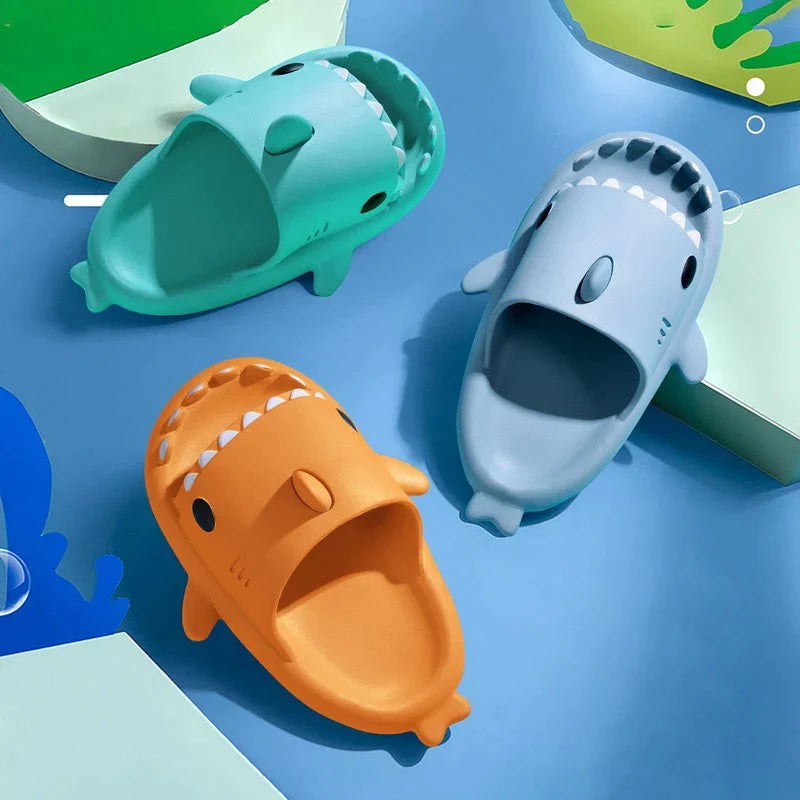 Pair of shark slides worn indoors