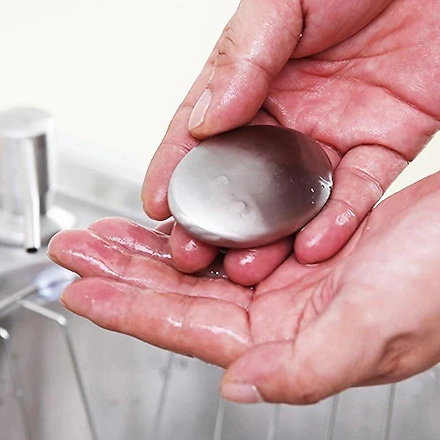 Steel soap being rubbed between wet hands